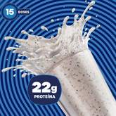 Shake de BOLD Whey Cookies & Cream com splash sobre fundo azul e destaque para 22g de proteína